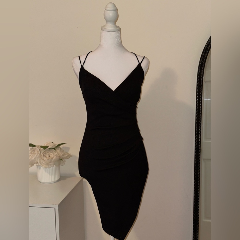 Black Bodycon Mini Dress | Open Back Criss Cross | Stretchy Night Out Dress (S)
